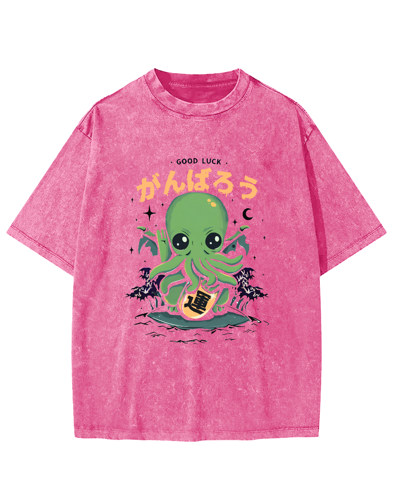 Japanese Lucky Octopus Pattern Vintage Distressed T-shirt-Zazasy