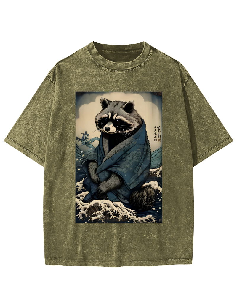 Raccoon in The Waves, Japanese Style Vintage Washed T-shirt-Zazasy