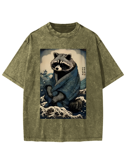 Raccoon in The Waves, Japanese Style Vintage Washed T-shirt-Zazasy