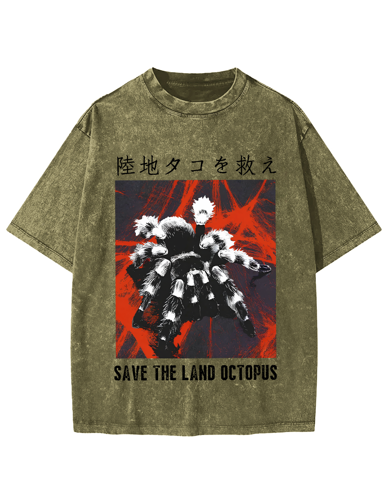 Save The Land Octopus Vintage Washed T-shirt-Zazasy