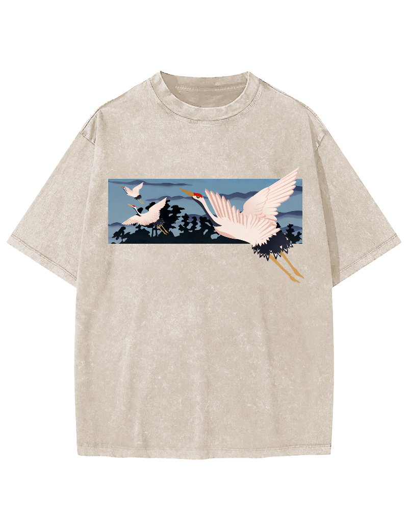 Idle Clouds, Wild Cranes, Japanese Style Vintage Washed T-shirt-Zazasy