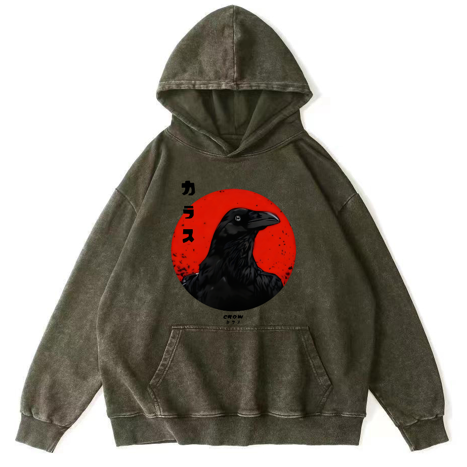 Simple Crow Japanese Style Vintage Distressed Hoodie-Zazasy