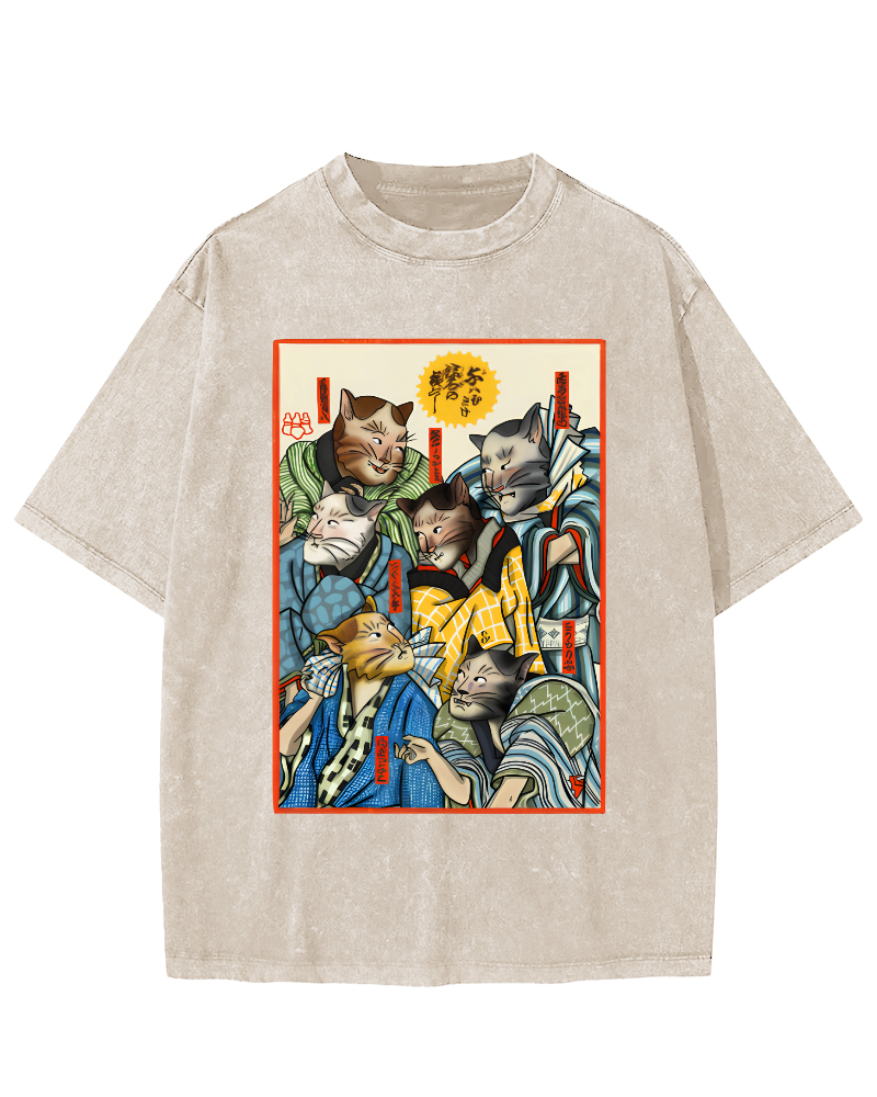 Japanese Samurai Cat Vintage Washed T-shirt-Zazasy
