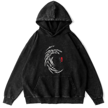 Japanese School Of Fish Pattern Vintage Distressed Hoodie-Zazasy