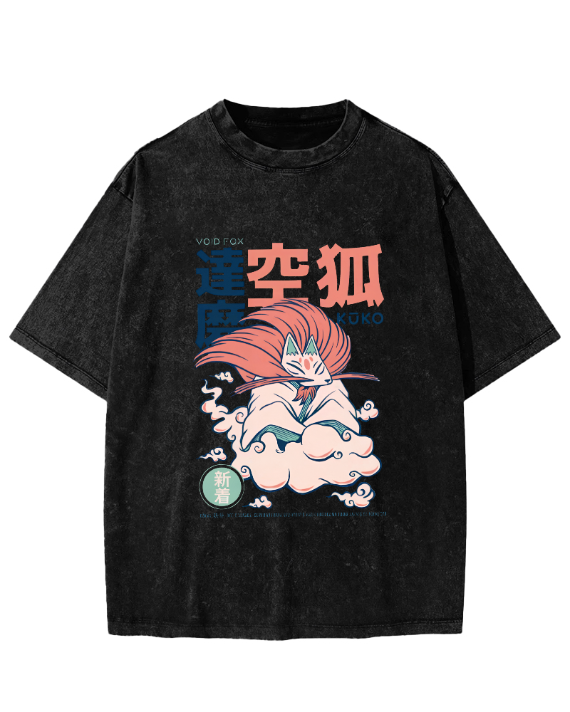 Japanese Abstract And Personalized Fox Pattern Vintage Distressed T-shirt-Zazasy