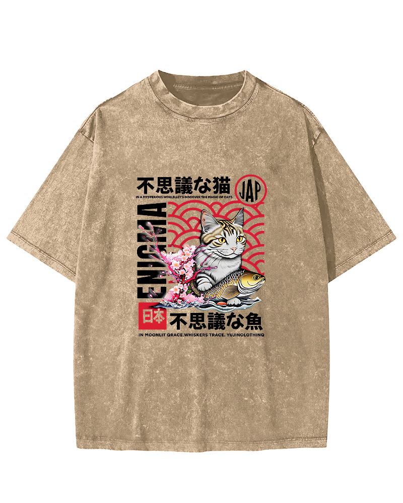 Japanese Cat Pattern Vintage Distressed T-shirt-Zazasy