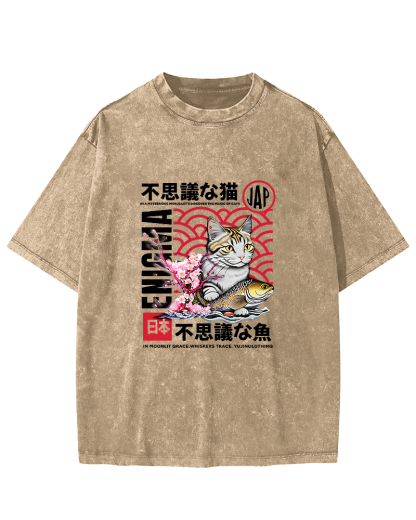 Japanese Cat Pattern Vintage Distressed T-shirt-Zazasy