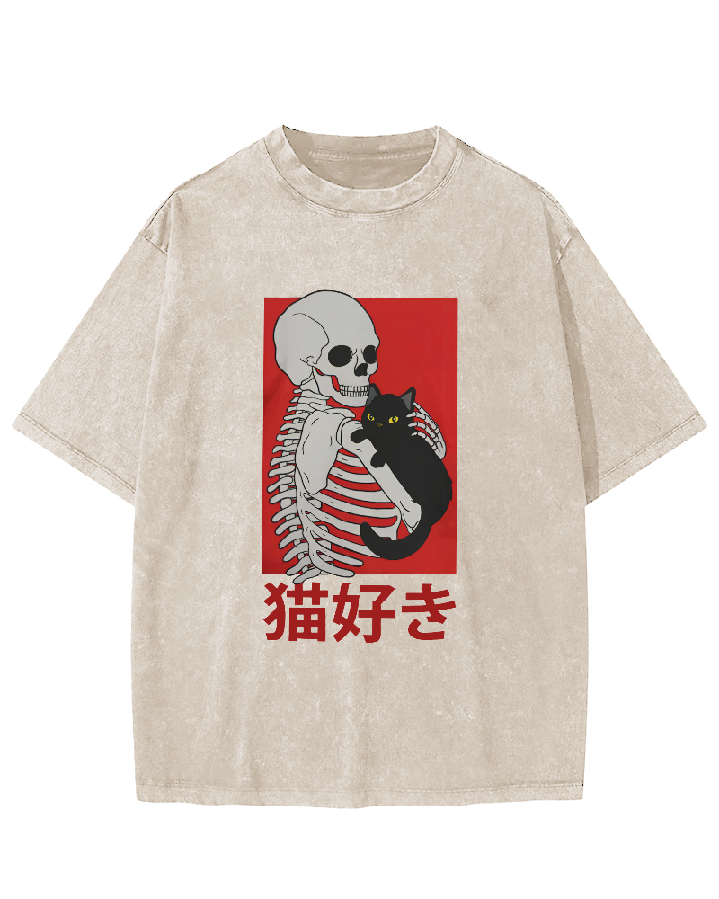 Skeleton And Cat Japanese Style Vintage Washed T-shirt-Zazasy