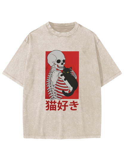 Skeleton And Cat Japanese Style Vintage Washed T-shirt-Zazasy