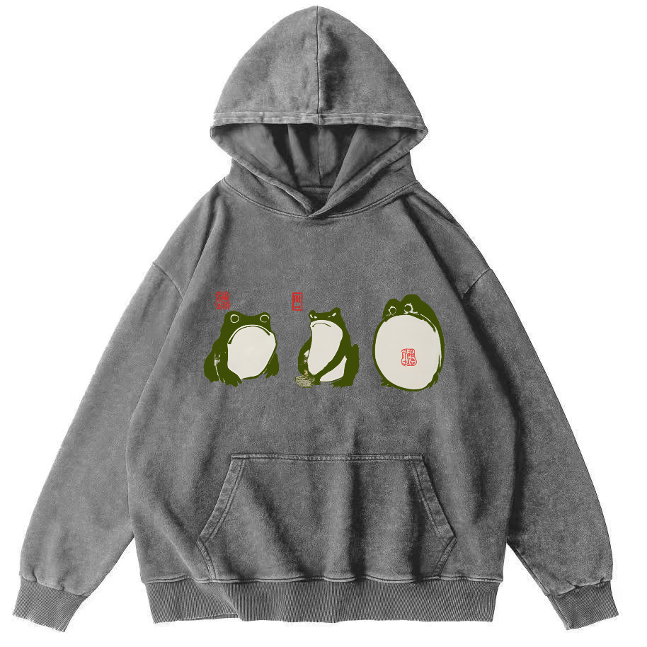 Cute Frog Japanese Style Vintage Washed Hoodie-Zazasy