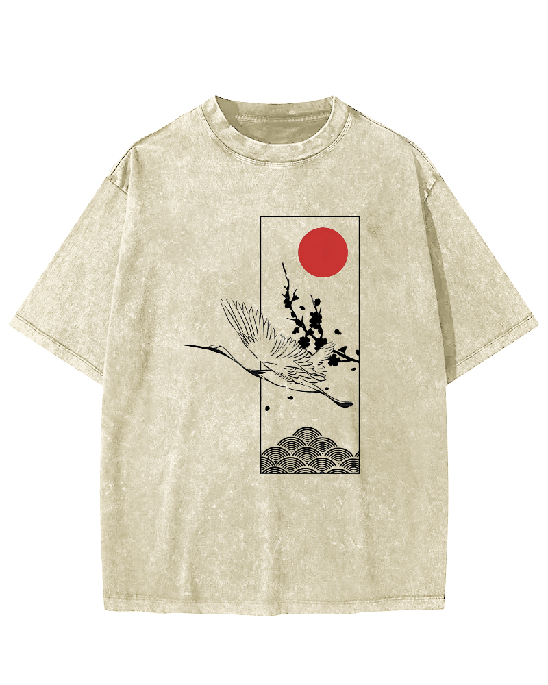 Japanese Sunrise Flying Crane Pattern Vintage Distressed T-shirt-Zazasy