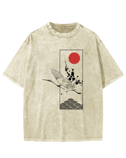 Japanese Sunrise Flying Crane Pattern Vintage Distressed T-shirt-Zazasy