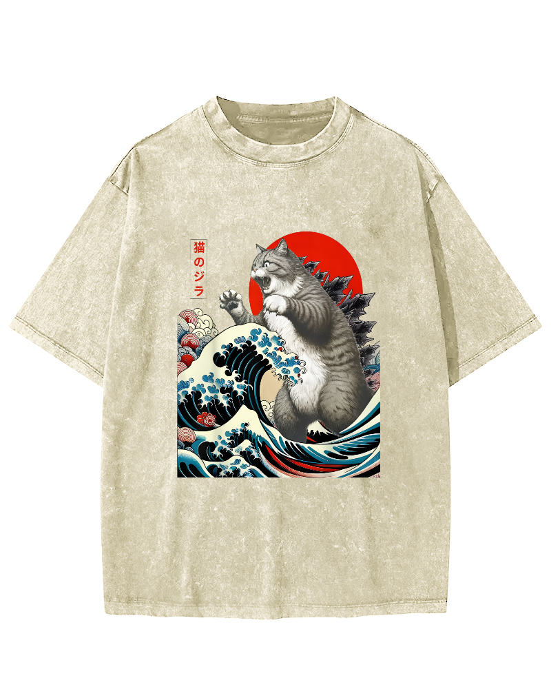 Catzilla Cat Japanese Art Vintage Distressed T-shirt-Zazasy
