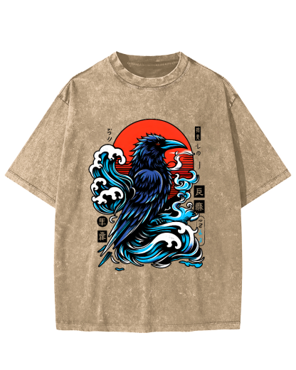 Crows in The Waves, Japanese Style Vintage Distressed T-shirt-Zazasy