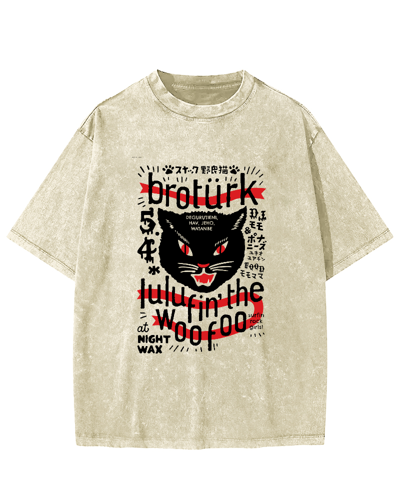 Japanese Character Cat Pattern Vintage Distressed T-shirt-Zazasy