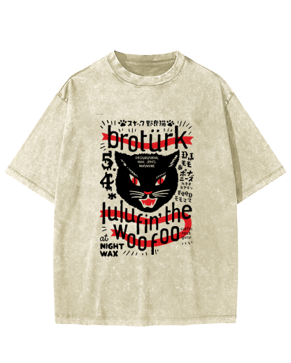 Japanese Character Cat Pattern Vintage Distressed T-shirt-Zazasy