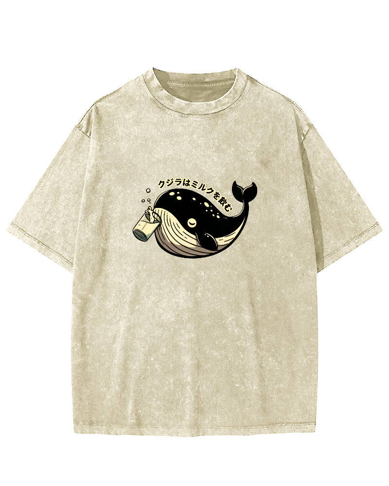 Japanese Whale Pattern Vintage Distressed T-shirt-Zazasy