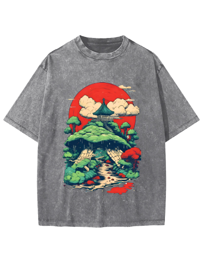 Japanese landscape Retro Style Vintage Washed T-shirt-Zazasy
