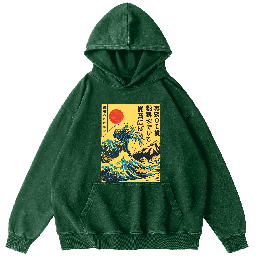 Edo Period Wave Scenery Japanese Style Vintage Washed Hoodie-Zazasy