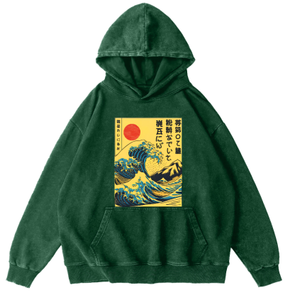 Edo Period Wave Scenery Japanese Style Vintage Washed Hoodie-Zazasy
