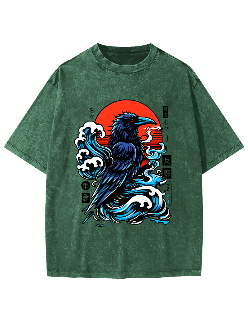 Crows in The Waves, Japanese Style Vintage Distressed T-shirt-Zazasy