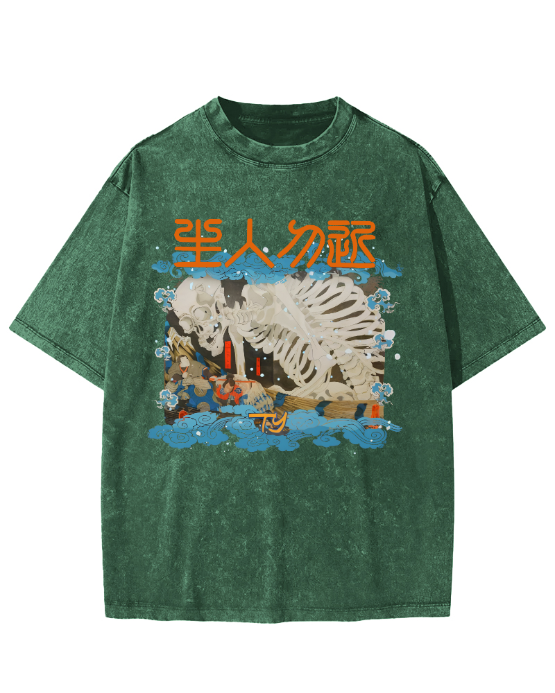 Skeleton Japanese Vintage Washed T-shirt-Zazasy