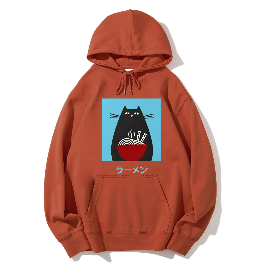 Black cat likes to eat Lamian Noodles Cotton Hoodie