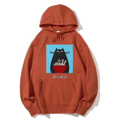 Black cat likes to eat Lamian Noodles Cotton Hoodie