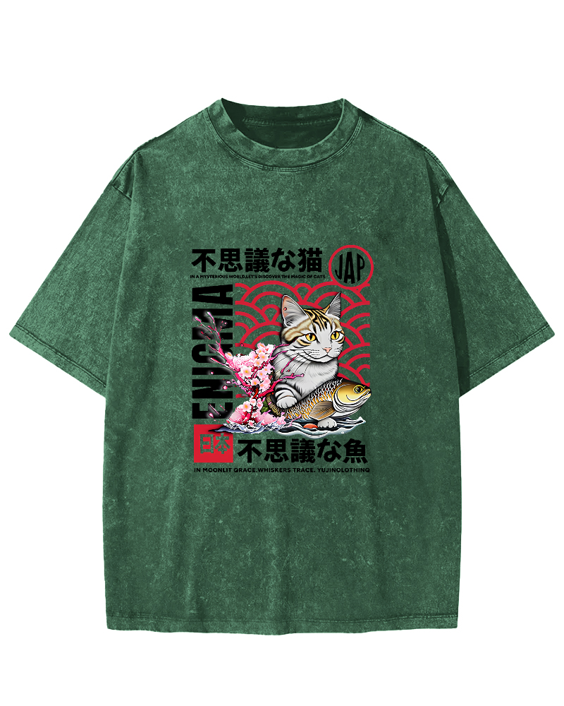 Japanese Cat Pattern Vintage Distressed T-shirt-Zazasy