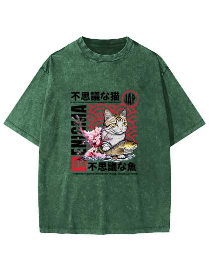 Japanese Cat Pattern Vintage Distressed T-shirt-Zazasy