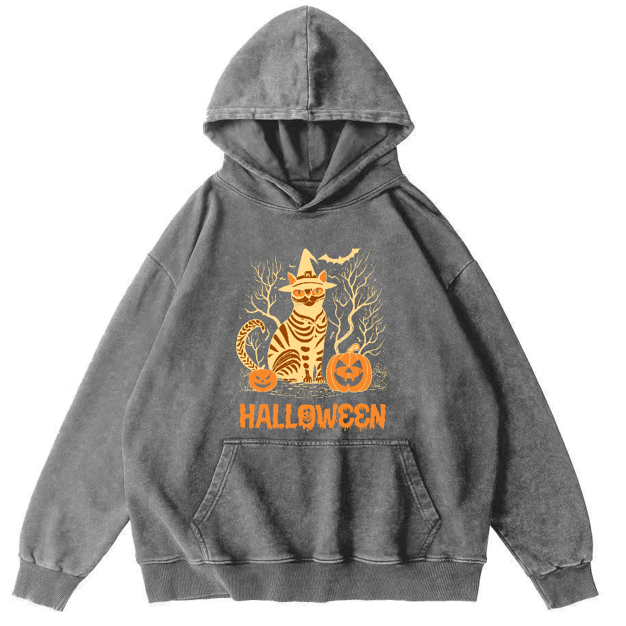 Halloween Cat Vintage Washed Hoodie-Zazasy