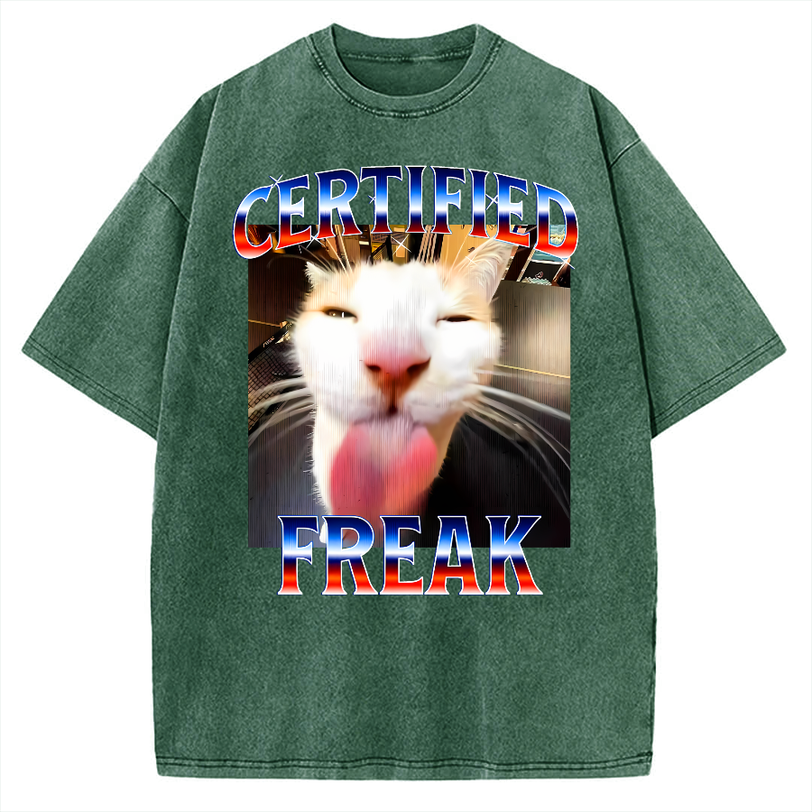 Certified Freak Cat Tongue Out - Funny Meme Cat Vintage Washed T-shirt