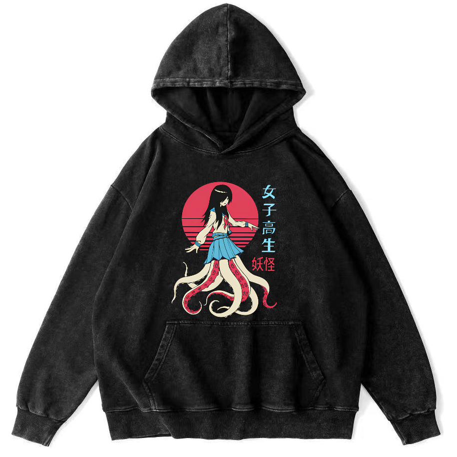 Female Octopus Monster Vintage Distressed Hoodie-Zazasy