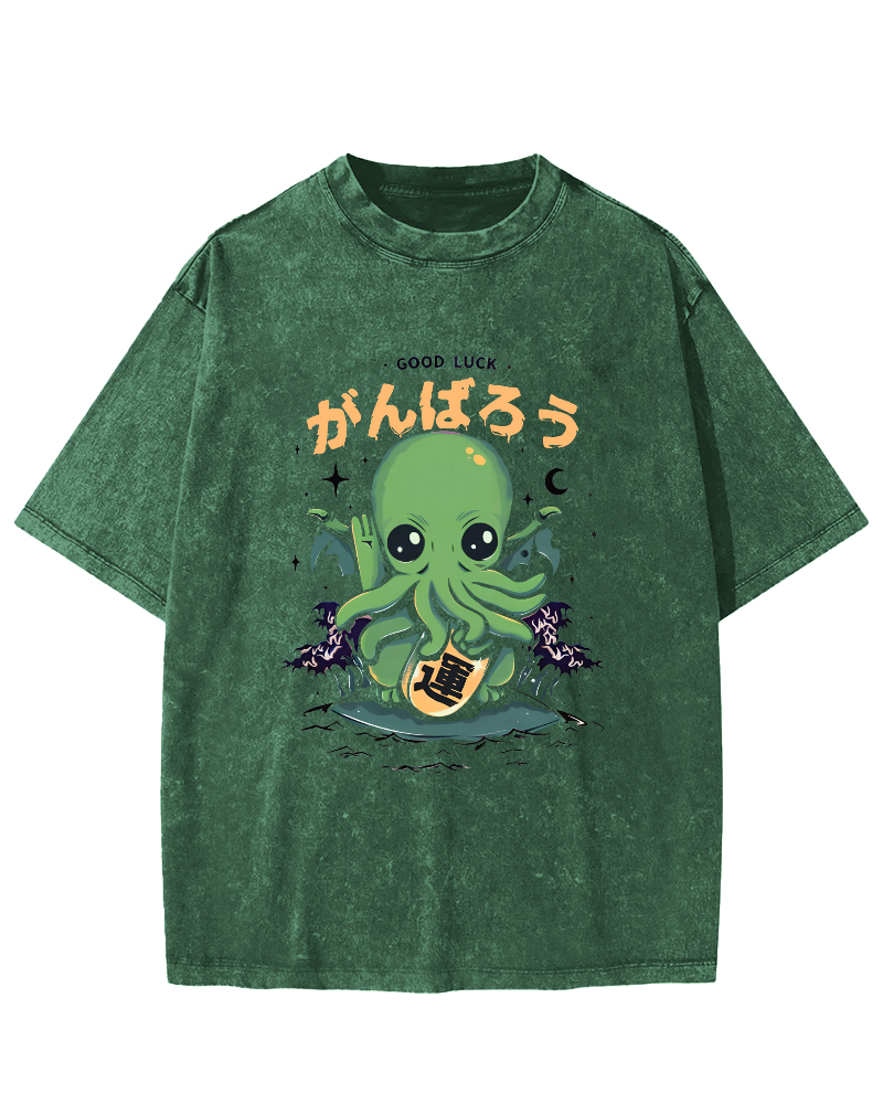 Japanese Lucky Octopus Pattern Vintage Distressed T-shirt-Zazasy