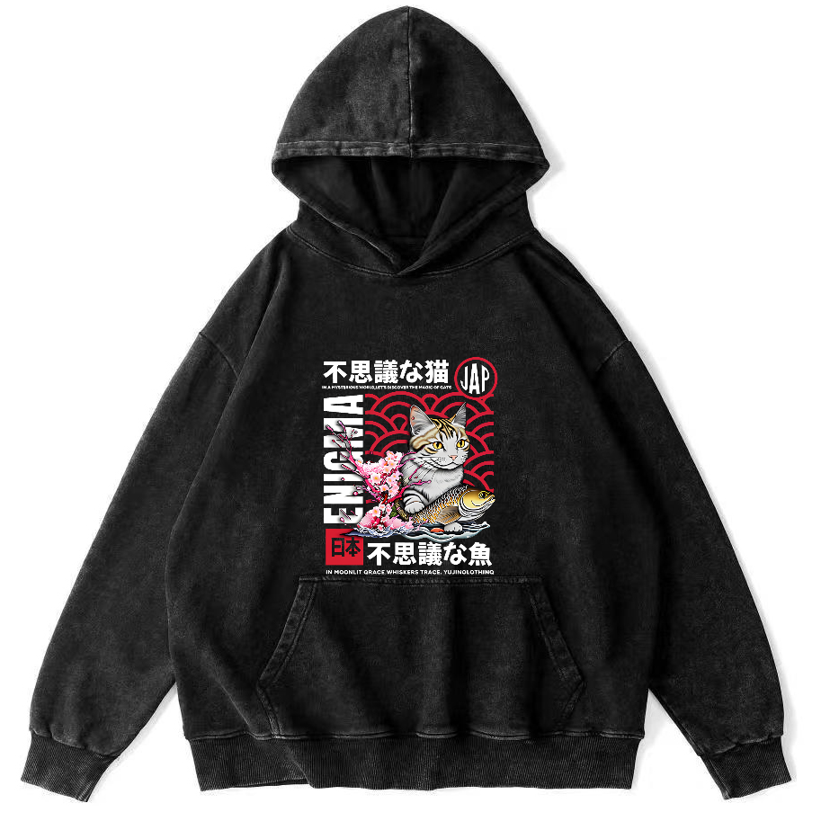 Japanese Cat Pattern Vintage Distressed Hoodie-Zazasy