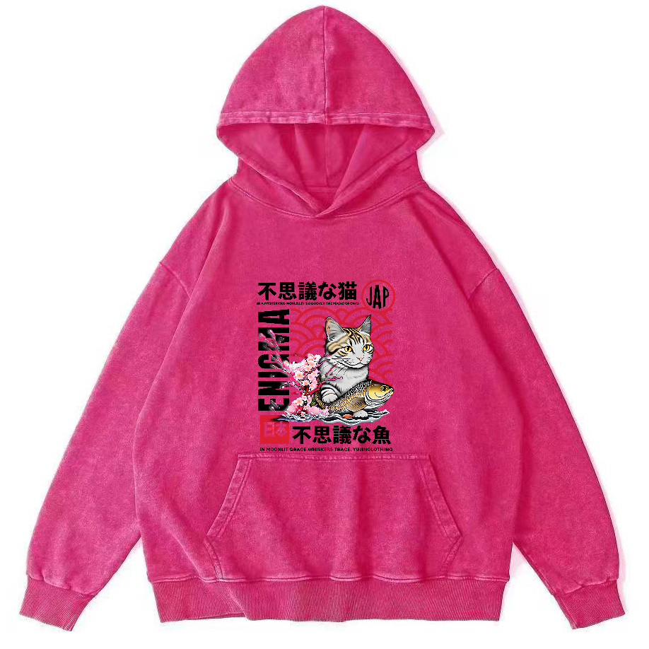 Japanese Cat Pattern Vintage Distressed Hoodie-Zazasy