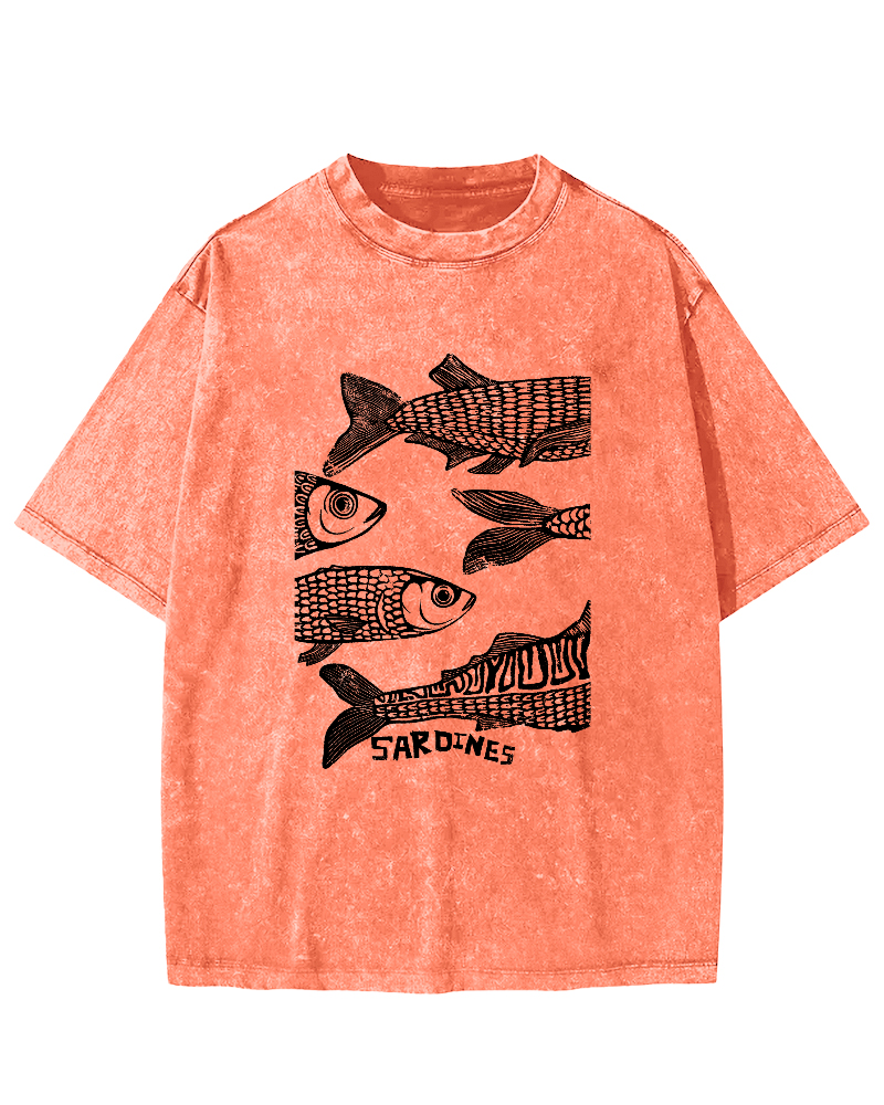 Retro Sea Fish Pattern Vintage Distressed T-shirt-Zazasy