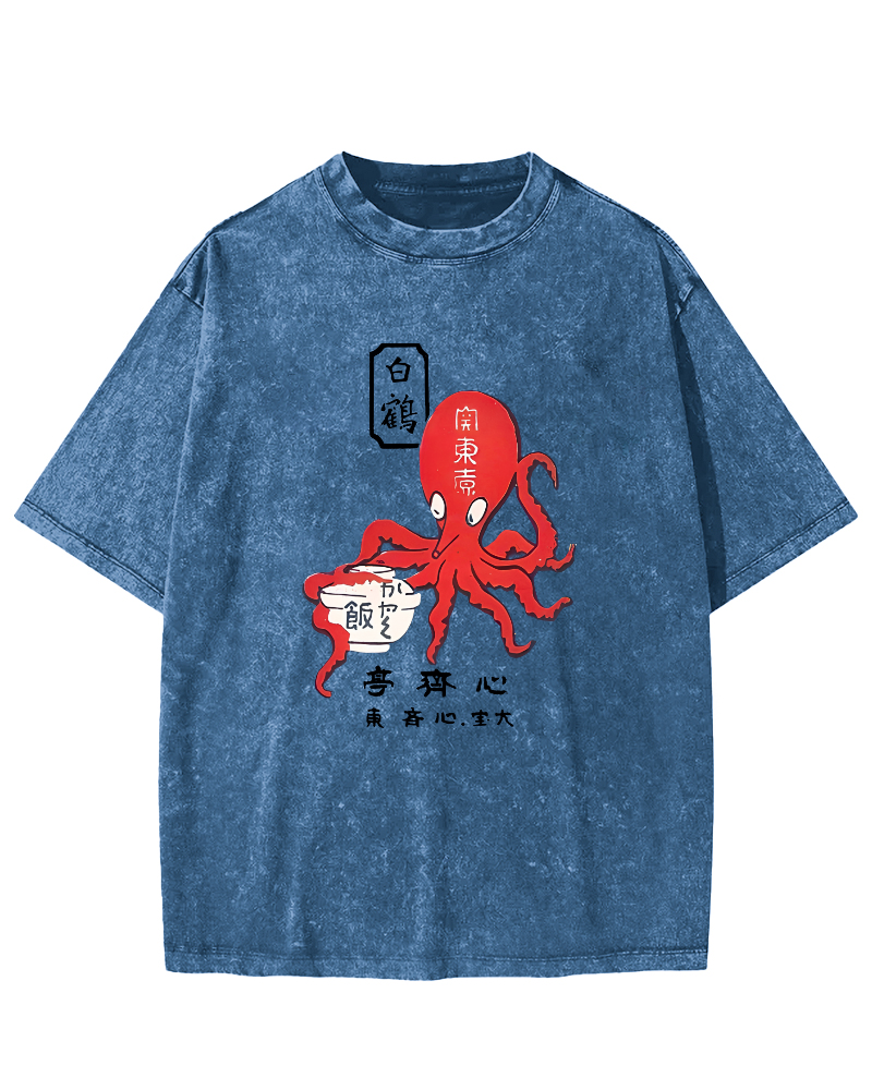 Japanese Script Octopus Pattern Vintage Distressed T-shirt-Zazasy