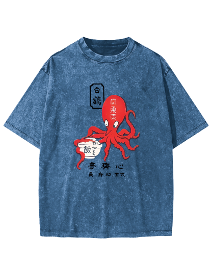 Japanese Script Octopus Pattern Vintage Distressed T-shirt-Zazasy