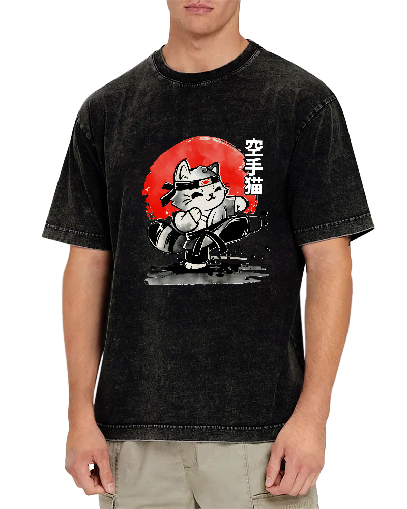 Karate Cat Japanese Style Vintage Distressed T-shirt-Zazasy