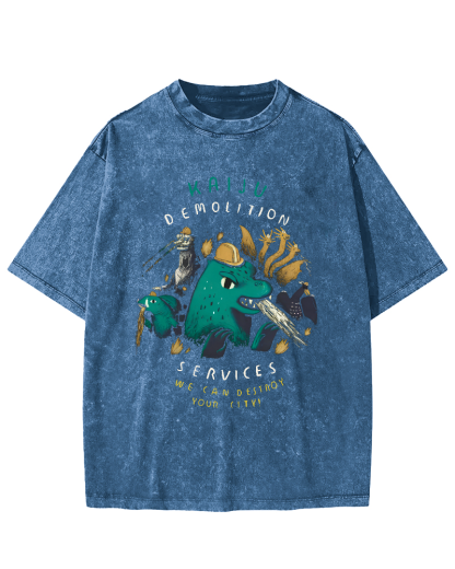 Cartoon Dinosaur Leisure Vintage Washed T-shirt-Zazasy