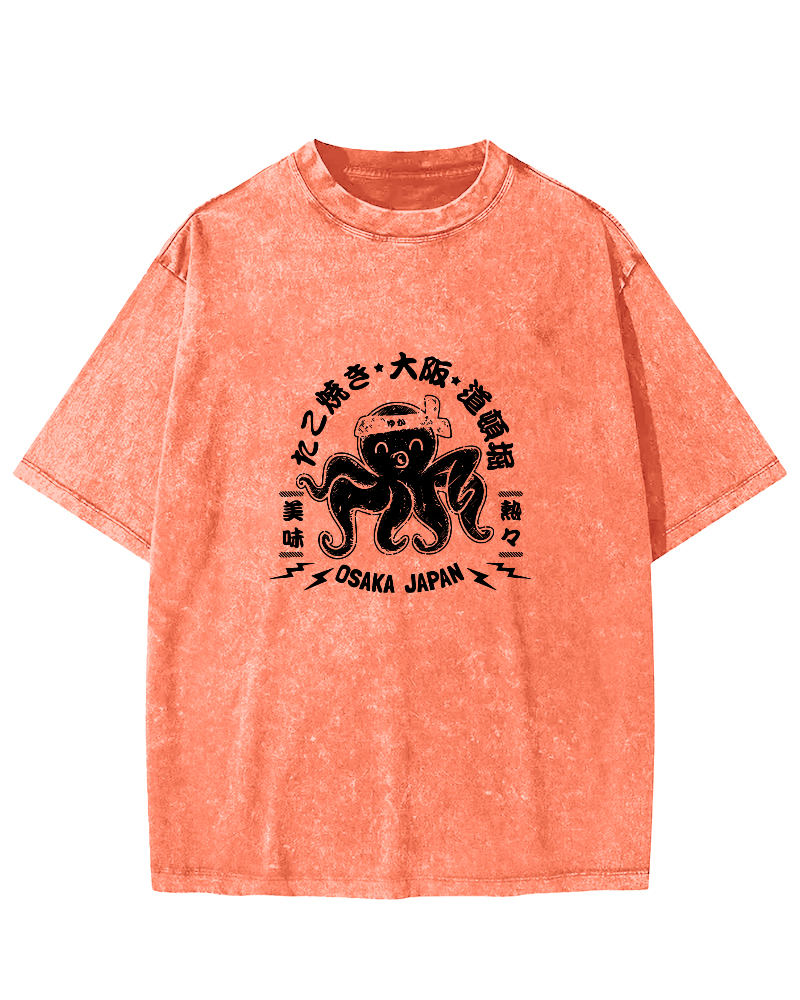 Japanese Script Octopus Pattern Vintage Distressed T-shirt-Zazasy