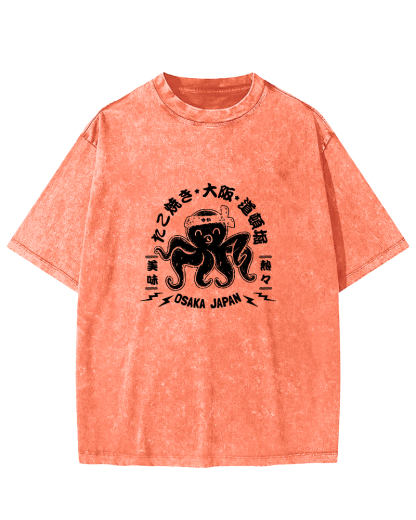 Japanese Script Octopus Pattern Vintage Distressed T-shirt-Zazasy