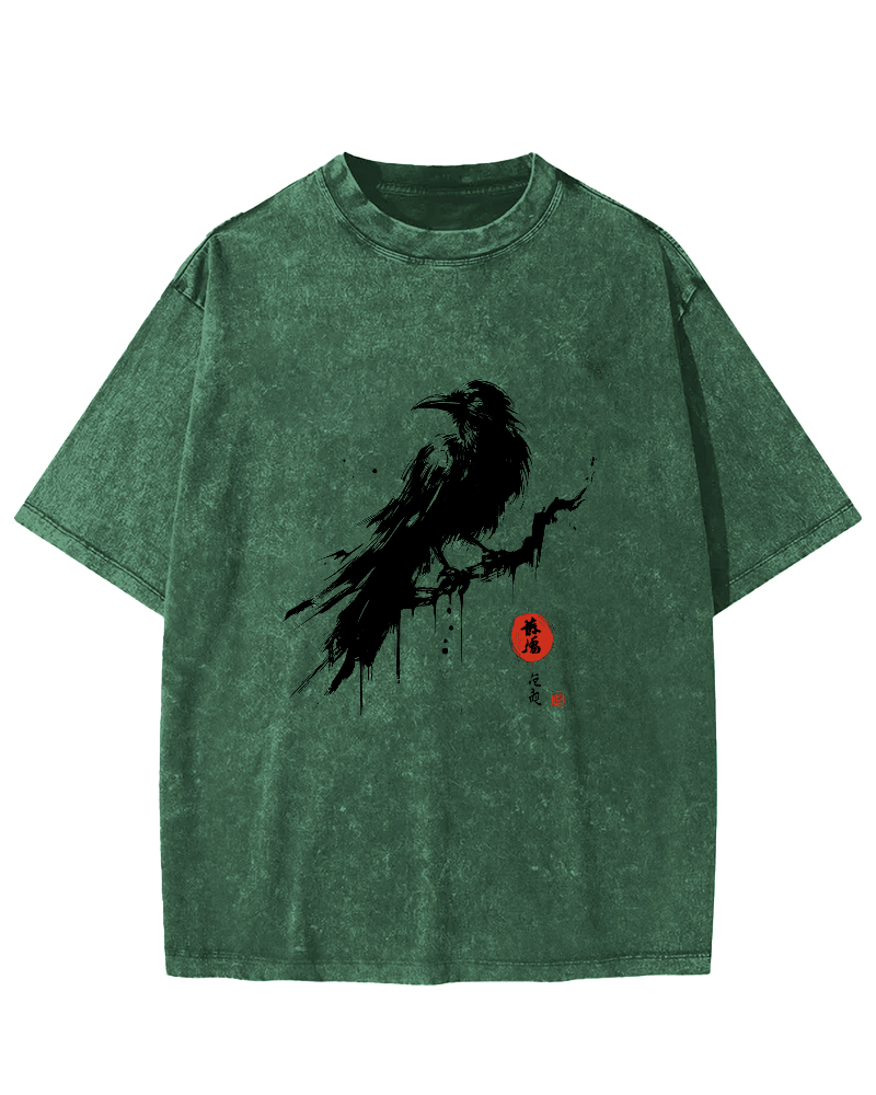 Crow Pattern Japanese Style Vintage Distressed T-shirt-Zazasy