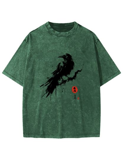 Crow Pattern Japanese Style Vintage Distressed T-shirt-Zazasy
