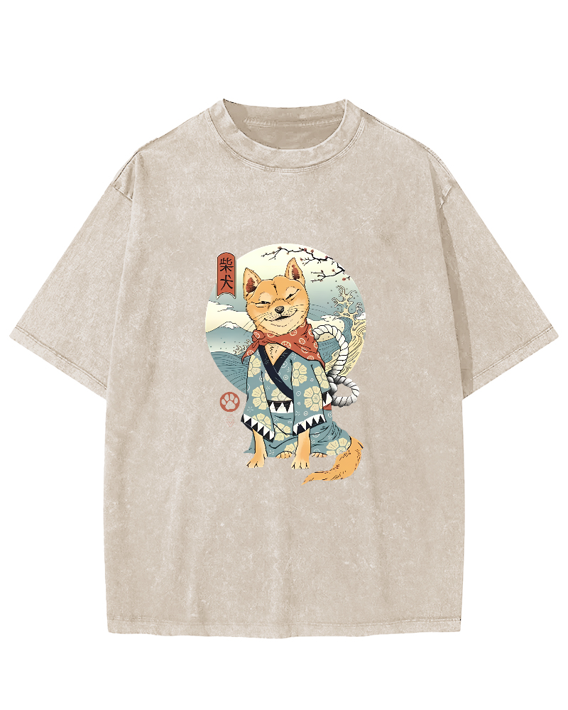 Samurai Shiba Dog Japanese Washed T-Shirt-Zazasy