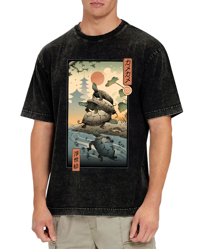 Ukiyoe Turtle Japanese Vintage Washed T-shirt-Zazasy