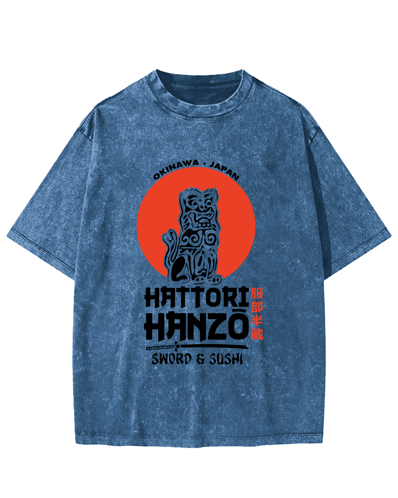 Japanese lion Pattern Vintage Distressed T-shirt-Zazasy