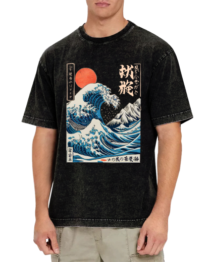 Ukiyo-e ocean Waves Vintage Washed T-shirt-Zazasy