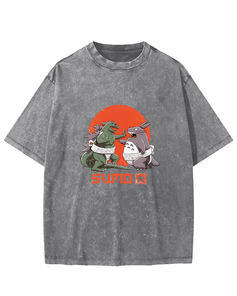 Japanese Style Cartoon Monster Pattern Vintage Distressed T-shirt-Zazasy